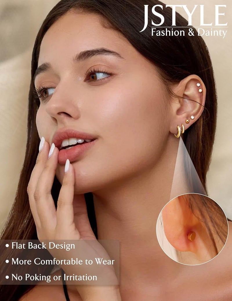 Jstyle Hypoallergenic Stud Hoop Earrings for Women Small Flat Back Surgical Stainless Steel Earrings for Sensitive Ears Trendy Silver Hoops Cartilage Earring Stacks Set Multiple Piercing Jewelry Gifts - Image 2